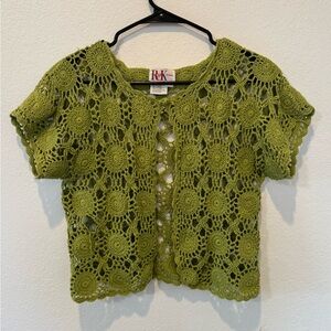 Vintage 90s Boho Crochet Cardigan Olive Green Open Knit Top